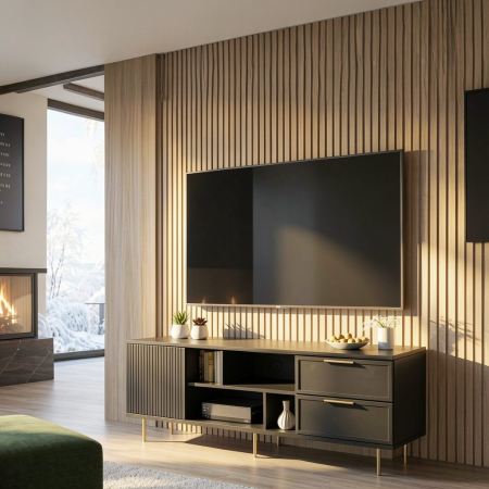 Comode - Comoda TV Soft, negru, 1 usa riflaj, 2 sertare, MDF frezat vopsit