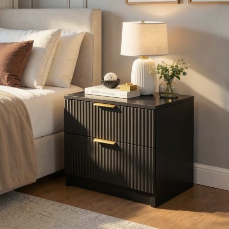 Noptiere - Noptiera Soft, negru, 2 sertare, MDF riflaj vopsit