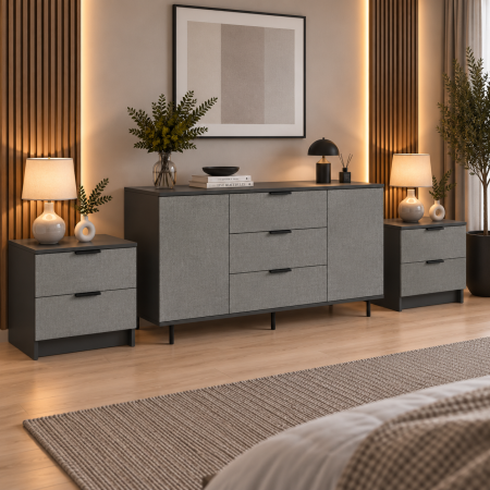 Comode - Set Comoda cu Noptiere Stone Loft, Fronturi Mdf