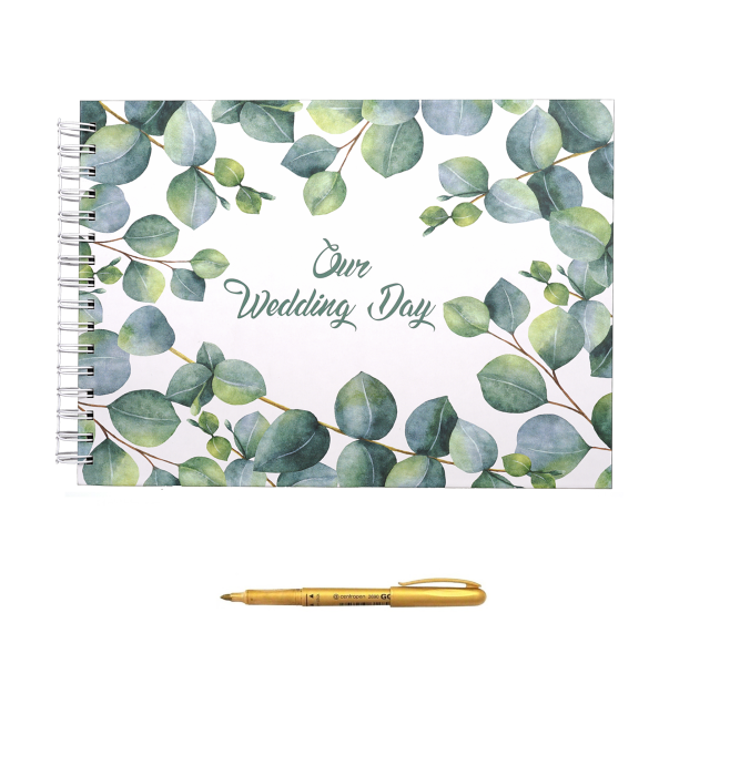 Album foto / Guestbook Caiet marturii green Flowers pentru nunta, format A5 landscape, pix inclus, 120 pagini albe, accesoriu nunta [2]
