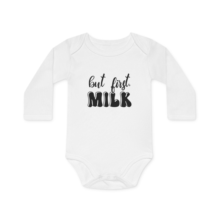 Body Bebelusi, alb, Nou Nascut, fete/baieti, cu mesaj amuzant, marimea 68, But First Milk [2]