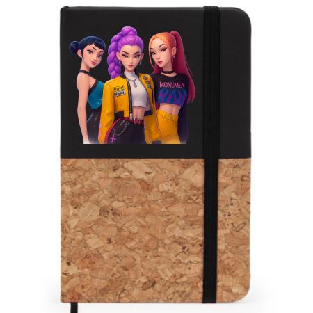 Agende Personalizate - Agenda personalizata K POP Demon Hunters HUntrix A6 pentru notite, coperta rigida pluta si piele ecologica, semn de carte, banda elastica, 80 file