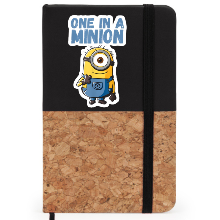 Agende Personalizate - Agenda personalizata Minions A6 pentru notite, coperta rigida pluta si piele ecologica, semn de carte, banda elastica, 80 file