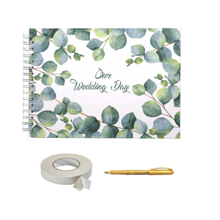 Guestbook/Album Foto - Album foto / Guestbook Caiet marturii green Flowers pentru nunta, format A5 landscape, pix inclus, 120 pagini albe, accesoriu nunta
