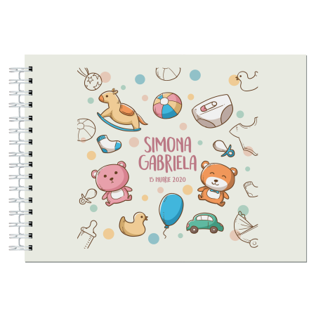 Guestbook/Album Foto - Album foto / Guestbook Caiet poze marturii personalizabil 3 pentru botez, format A5 landscape, pix inclus, 120 pagini albe, accesoriu nunta