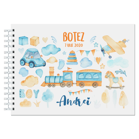 Guestbook/Album Foto - Album foto / Guestbook Caiet poze marturii personalizabil 4 pentru botez, format A5 landscape, pix inclus, 120 pagini albe, accesoriu nunta