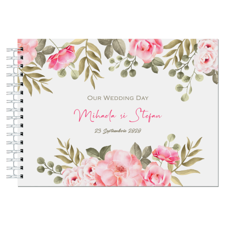 Guestbook/Album Foto - Album foto / Guestbook Caiet poze marturii personalizabil 4 pentru nunta, format A5 landscape, pix inclus, 120 pagini albe, accesoriu nunta