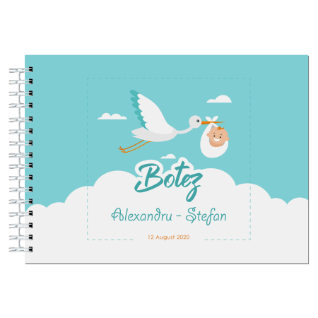 Guestbook/Album Foto - Album foto / Guestbook Caiet poze marturii personalizabil 5 pentru botez, format A5 landscape, pix inclus, 120 pagini albe, accesoriu nunta