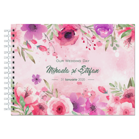 Guestbook/Album Foto - Album foto / Guestbook Caiet poze marturii personalizabil 5 pentru nunta, format A5 landscape, pix inclus, 120 pagini albe, accesoriu nunta