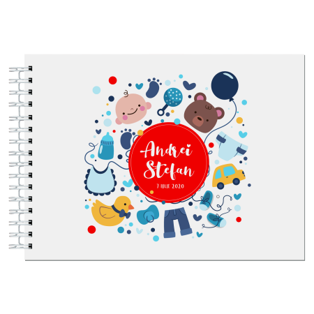 Guestbook/Album Foto - Album foto / Guestbook Caiet poze marturii personalizabil 6 pentru botez, format A5 landscape, pix inclus, 120 pagini albe, accesoriu nunta