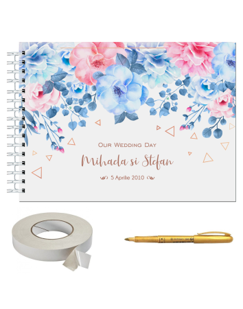 Guestbook/Album Foto - Album foto / GuestBook pentru nunta, MODEL FLOWERS 4, personalizabil, A4 landscape, pix si dubluadeziv inclus, accesoriu nunta