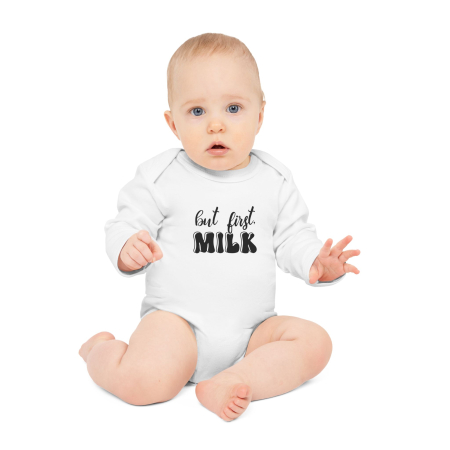Body-uri Bebelusi - Body Bebelusi, alb, Nou Nascut, fete/baieti, cu mesaj amuzant, marimea 68, But First Milk