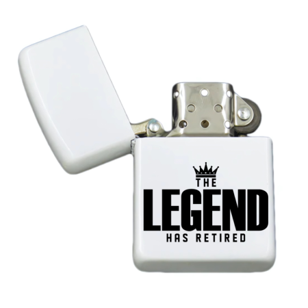 Brichete Personalizate - Brigheta personalizata pentru pensionare THE LEGEND HAS RETIRED, alba, cutie inox