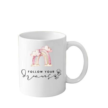 Cani Personalizate - Cana din ceramica haioasa, cu mesaj inspirational/motivational, alba, 330 ml, model Follow Dreams