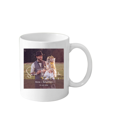 Cani Personalizate - Cana Save the Date, cu poza mire si mireasa, alba, 330 ml