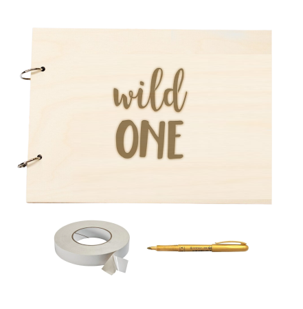 Guestbook/Album Foto - Guestbook din lemn botez sau mot Wild ONE, format A4 landscape, pix si dublu adeziv inclus, accesoriu nunta