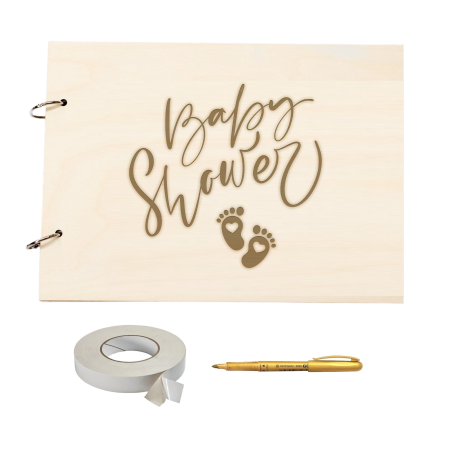 Guestbook/Album Foto - Guestbook din lemn pentru Baby Shower Gender Reveal, format A4 landscape, pix si dublu adeziv inclus, accesoriu nunta