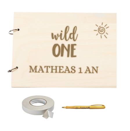 Guestbook/Album Foto - Guestbook din lemn pentru mot aniversare 1 AN, format A4 landscape, pix si dublu adeziv inclus, accesoriu nunta