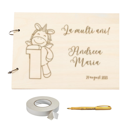 Guestbook/Album Foto - Guestbook din lemn pentru turta aniversare 1 AN fetita, format A4 landscape, pix si dublu adeziv inclus, accesoriu nunta