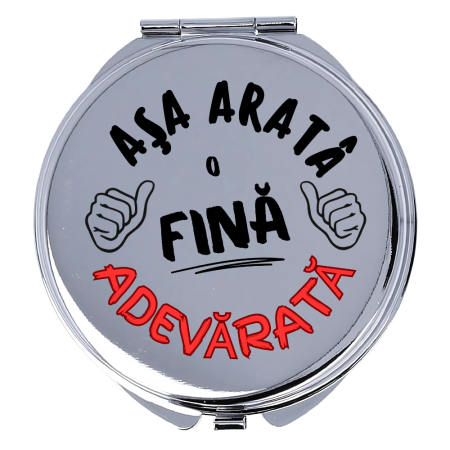 Accesorii Nunta - Oglinda machiaj, personalizata, din inox, dubla, saculet catinea, cu mesaj pentru fina: Asa arata o fina adevarata