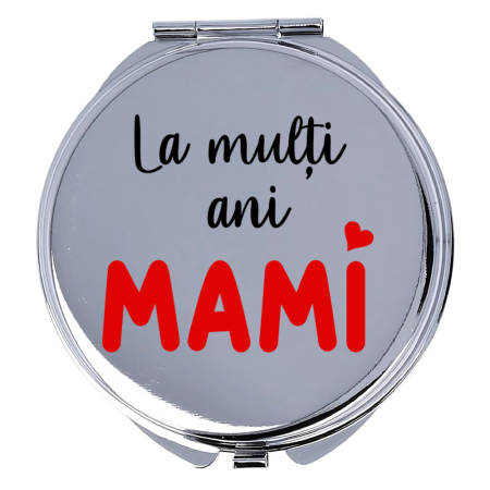 Accesorii Nunta - Oglinda machiaj, personalizata, din inox, dubla, saculet catinea, cu mesaj pentru mama, Te iubesc mami
