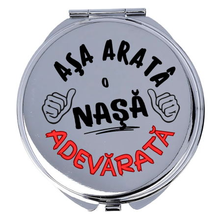 Accesorii Nunta - Oglinda machiaj, personalizata, din inox, dubla, saculet catinea, cu mesaj pentru nasa: Asa arata o nasa adevarata