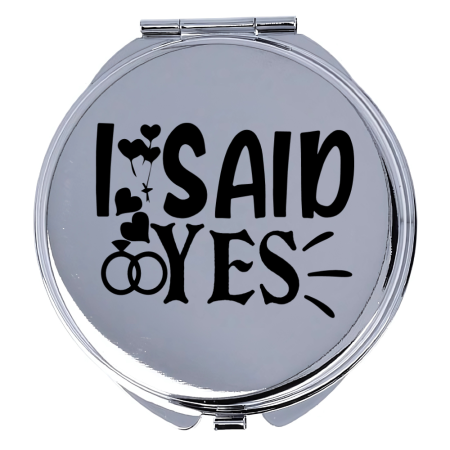 Accesorii Nunta - Oglinda machiaj, personalizata, din inox, dubla, saculet catinea, cu mesaj pentru viitoare sotie, I said YES