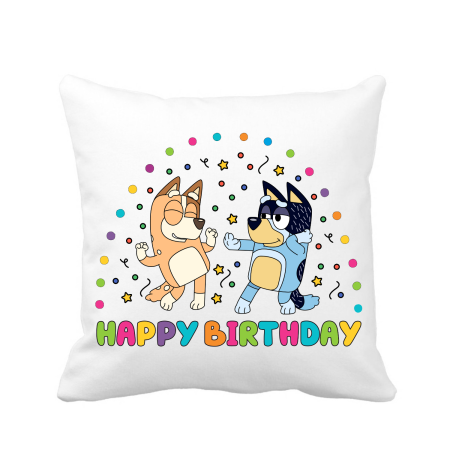 Perne decorative - Perna personalizata decorativa, 40x40 cm, alba, Bingo si Bluey Happy Birthday