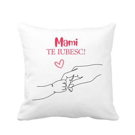 Accesorii Nunta - Perna personalizata pentru cea mai buna mama, 40x40 cm, alba, cu mesajul Mami, Te iubesc