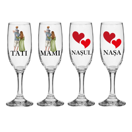 Pahare Nunta Miri/Nasi - Set 4 pahare de șampanie din sticlă personalizate pentru părinți și nași, elegant, botez