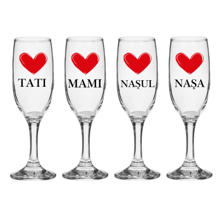 Pahare Nunta Miri/Nasi - Set 4 Pahare de Sampanie Personalizate, pentru Parinti si Nasi, Botez, Sticla, Elegant
