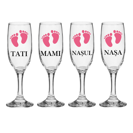 Pahare Nunta Miri/Nasi - Set 4 Pahare Sampanie Personalizate Parinti si Nasi, Sticla, Ideal pentru Botez