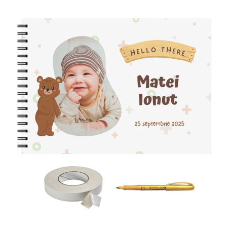 Guestbook/Album Foto - Set Album foto/ Guestbook botez sau mot, baiat cu poza, format A4 landscape, pix si dublu adeziv inclus, accesoriu nunta