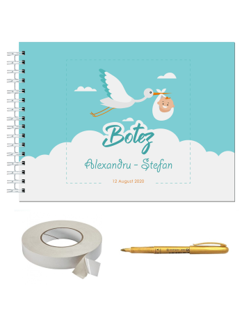 Guestbook/Album Foto - Set Album foto / GuestBook pentru botez baieti, model 2, personalizabil, A4 landscape, pix si dubluadeziv inclus, 3 piese, accesoriu nunta