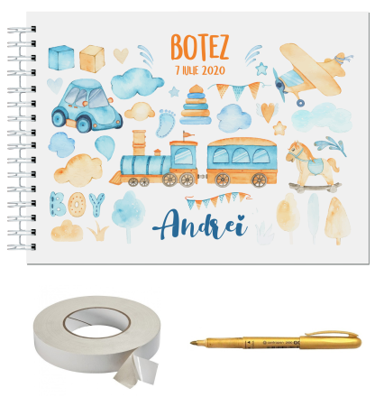 Guestbook/Album Foto - Set Album foto / GuestBook pentru botez baieti, model 3, personalizabil, A4 landscape, pix si dubluadeziv inclus, 3 piese, accesoriu nunta