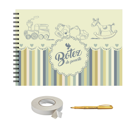 Guestbook/Album Foto - Set Album foto / GuestBook pentru botez fete/baieti, A4 landscape, pix si dubluadeziv inclus, 3 piese, accesoriu nunta