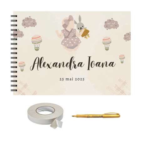 Guestbook/Album Foto - Set Album foto / GuestBook pentru botez, MODEL 2 pentru fetite, personalizabil, A4 landscape, pix si dubluadeziv inclus, 3 piese, accesoriu nunta