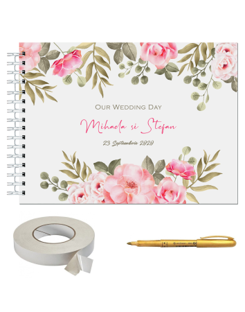 Guestbook/Album Foto - Set Album foto / GuestBook pentru nunta, MODEL FLOWERS 1, personalizabil, A4 landscape, pix si dubluadeziv inclus, 3 piese, accesoriu nunta