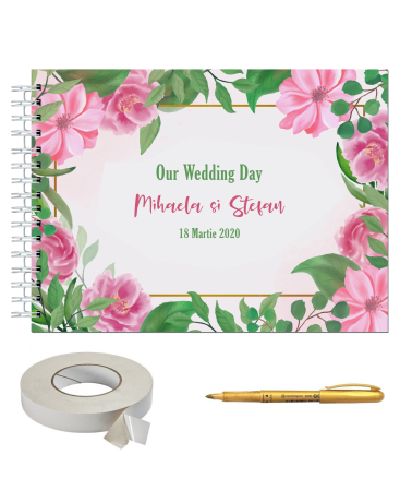 Guestbook/Album Foto - Set Album foto / GuestBook pentru nunta, MODEL FLOWERS 7, personalizabil, A4 landscape, pix si dubluadeziv inclus, 3 piese, accesoriu nunta