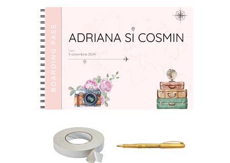 Guestbook/Album Foto - Set Album foto / GuestBook pentru nunta, Our wedding day, personalizabil nume si data, A4 landscape, 25 pagini, tematica Travel Bilet de Avion