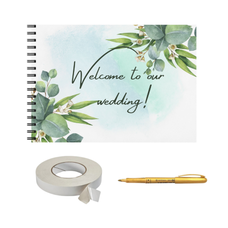 Guestbook/Album Foto - Set album foto pentru nunta, GuestBook, pix si dubluadeziv inclus, plastifiat, Format A4, design floral leaves, accesoriu nunta