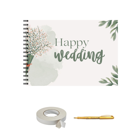 Guestbook/Album Foto - Set album foto pentru nunta, GuestBook, pix si dubluadeziv inclus, verde floral, accesoriu nunta