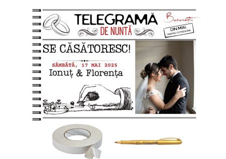 Guestbook/Album Foto - Set album foto pentru nunta, tematica TELEGRAM/ziar, GuestBook, pix si dubluadeziv inclus, Format A4 landscape, 25 file