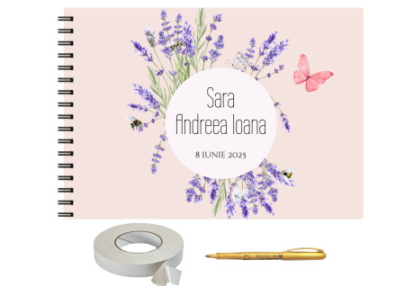 Guestbook/Album Foto - Set album foto pentru nunta, tematica Lavanda, GuestBook, pix si dubluadeziv inclus, Format A4 landscape, 25 file