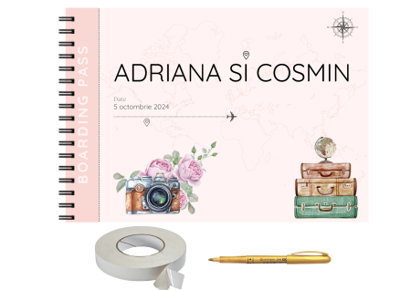 Guestbook/Album Foto - Set album foto pentru nunta, tematica Bilet de Avion, GuestBook, pix si dubluadeziv inclus, Format A4 landscape, 25 file