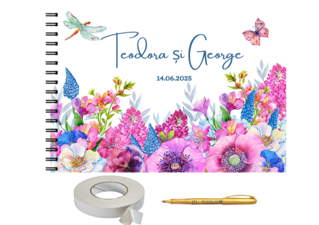 Guestbook/Album Foto - Set album foto pentru nunta, tematica Flori Mov, GuestBook, pix si dubluadeziv inclus, Format A4 landscape, 25 file