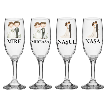 Pahare Nunta Miri/Nasi - Set pahare 4 bucati cadou miri si nasi pentru nunta