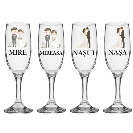 Pahare Nunta Miri/Nasi - Set pahare 4 bucati miri si nasi decor nunta