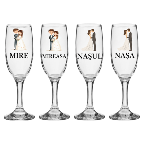 Pahare Nunta Miri/Nasi - Set pahare 4 bucati pentru nunta miri si nasi model elegant
