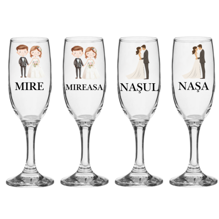 Pahare Nunta Miri/Nasi - Set pahare cadou miri si nasi 4 bucati nunta personalizate